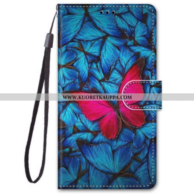 Flip Case Xiaomi Redmi Note 11 Pro Plus 5G Punainen Perhonen Sininen Tausta