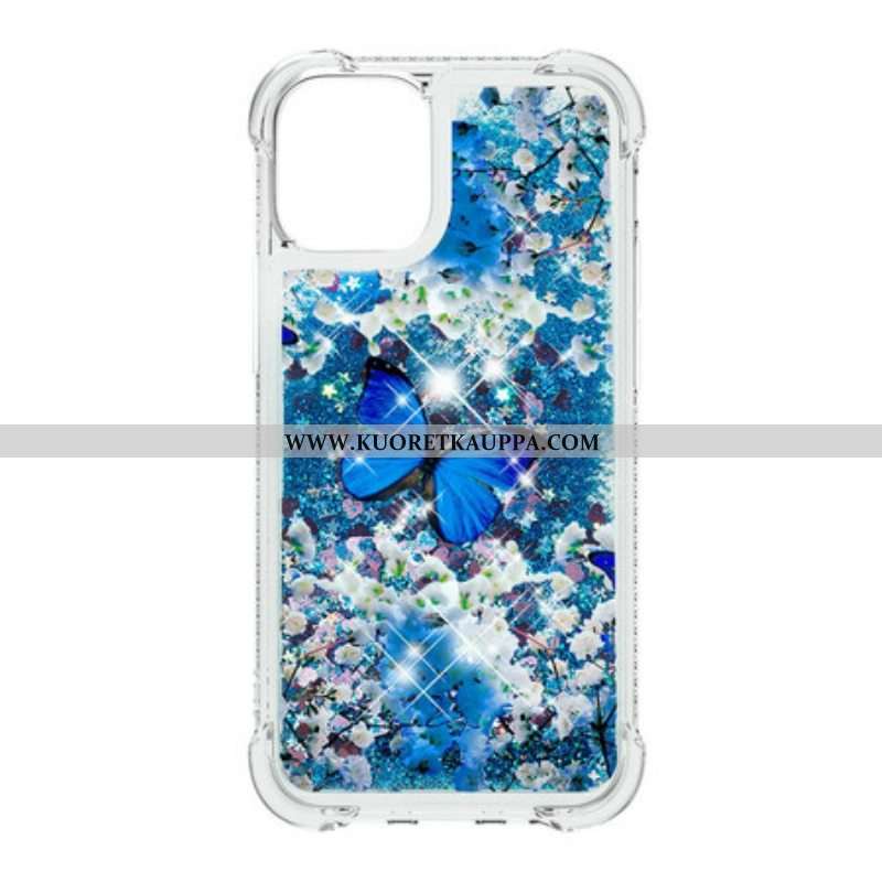 Kuori iPhone 13 Pro Glitter Blue Perhoset