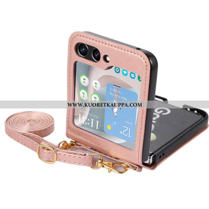 Case Samsung Galaxy Z Flip 5 Puhelinkuoret Nahkainen Korttikotelo Ja Olkahihna